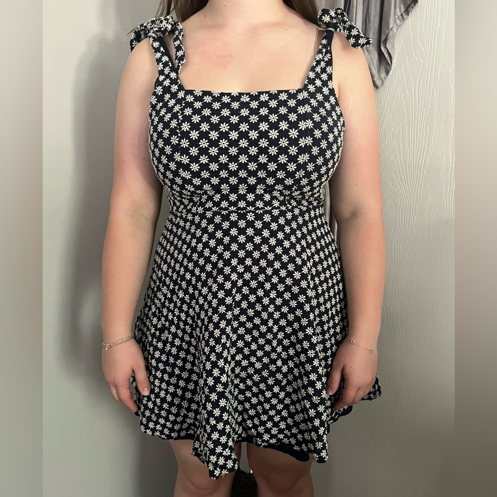 Navy Blue Floral Tie Sleeve Dress
